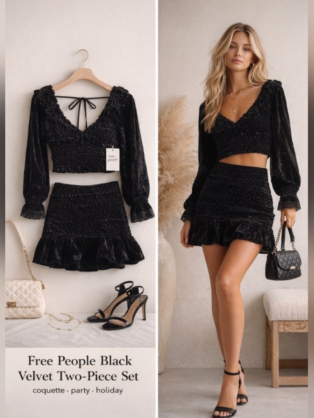 FREE PEOPLE whimsigoth boho coquette milkmaid 2 Piece matching set skirt + crop